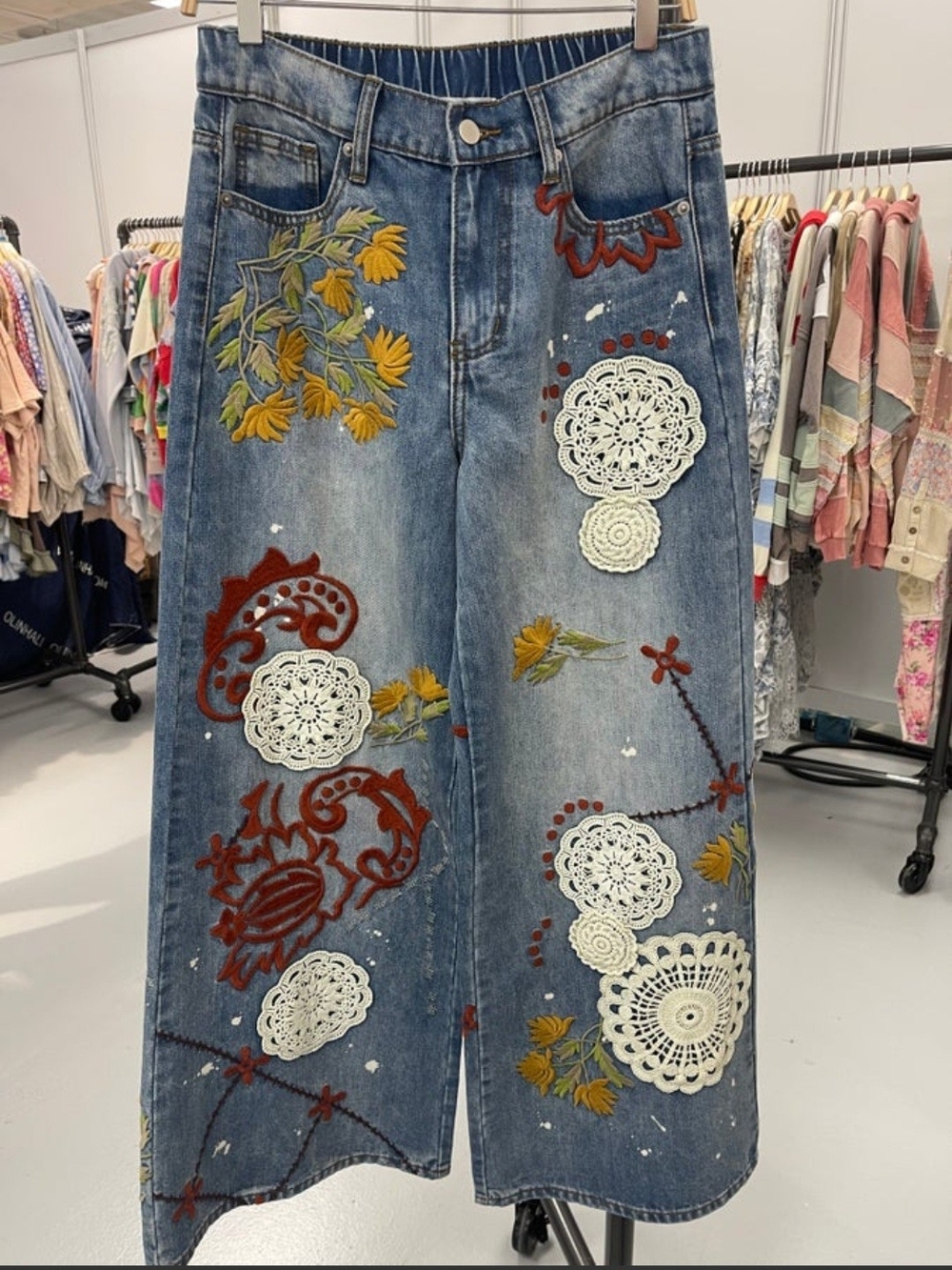 FUNKY STEACH Denim Wide Leg Jeans with  Floral Embroidery & Applique - Picture 2 of 5